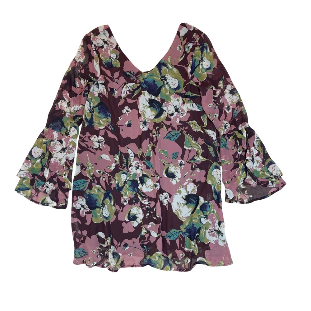 Peach Love California Mauve Floral Bell Sleeve V Neck Mini Dress Size Small
